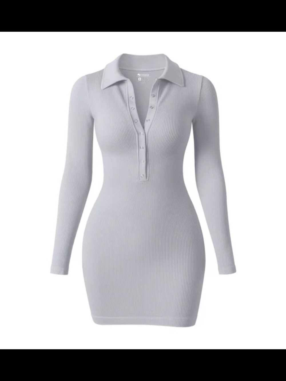 OQQ Light Gray Ribbed Long-Sleeve Polo Bodycon Dress Size M